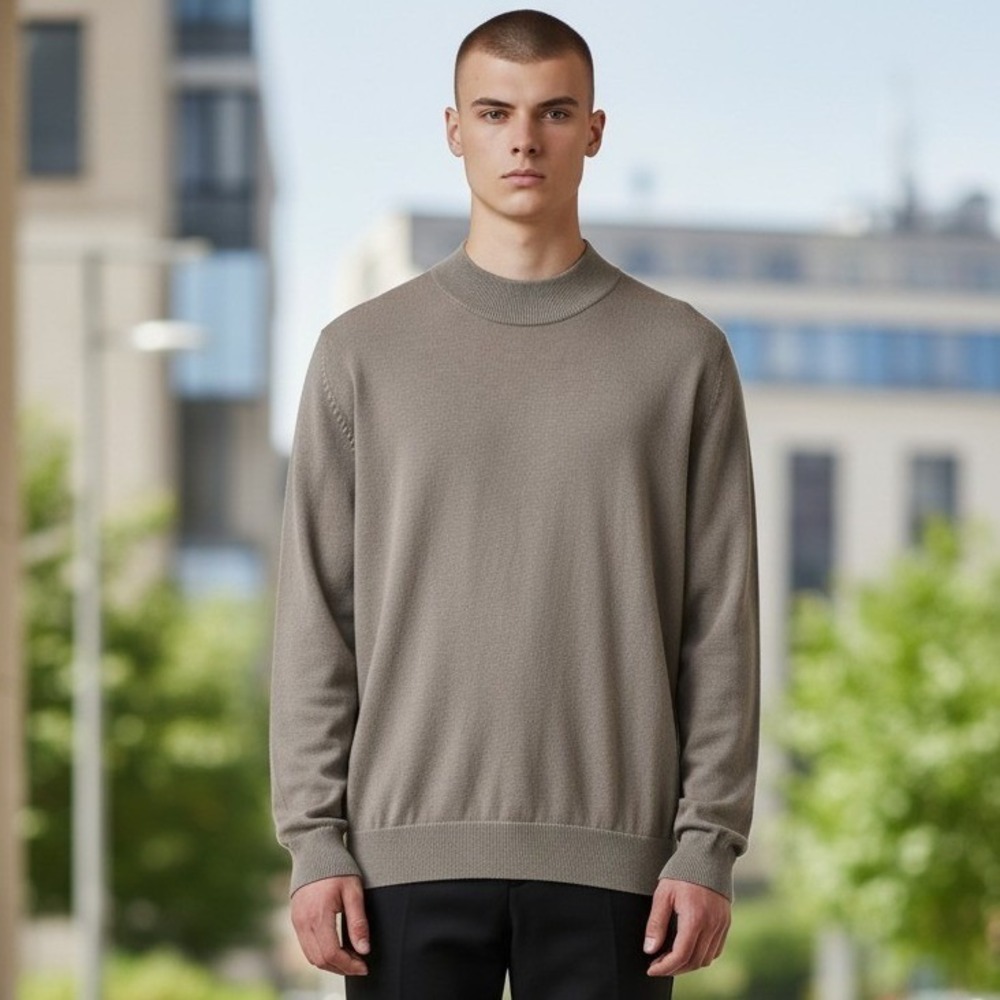 Tulliano Mens XL Silk Cotton Blend Mock Neck Sweater Taupe Brown Long Sleeve